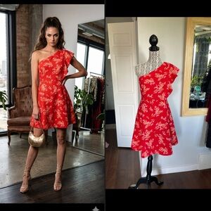 NWT Stunning Floral One-Shoulder Side Ruffle Red Floral Party Dress. Large